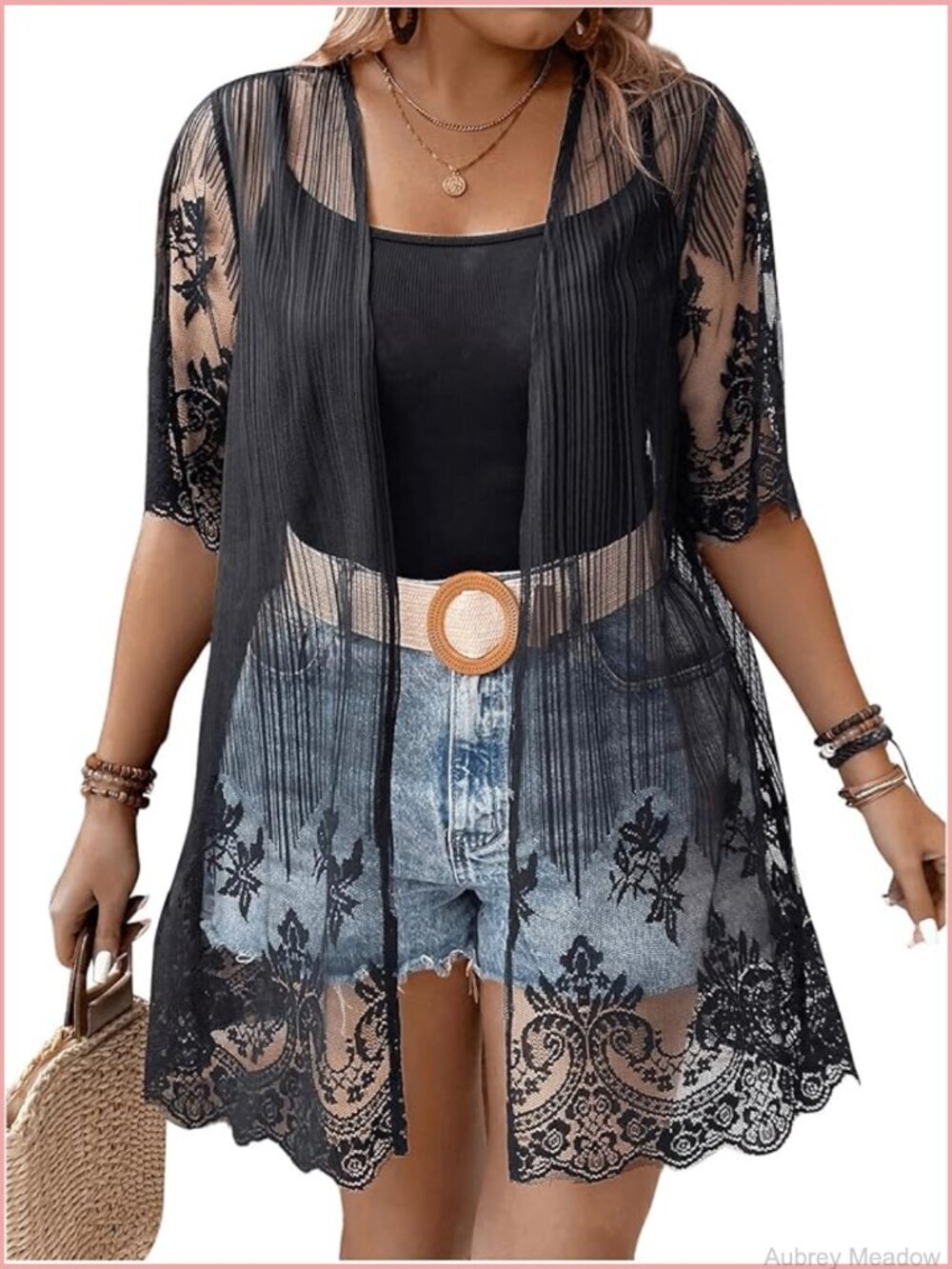 Plus Size Floral Embroidered Mesh Cardigan Jacket Open Front